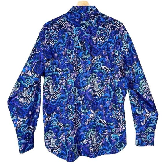 Gene Hiller Shirt Musical Eclectic Printed Jazz Musician Blue Colorful Sz Large - Picture 2 of 13